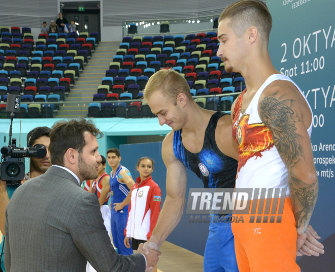 İdman gimnastikası üzrə 22-ci Bakı Çempionatı və Birinciliyi. Kişilər arasında çoxnövçülük finalı və mükafatlandırma mərasimi. Bakı, Azərbaycan, 03 oktyabr 2015 